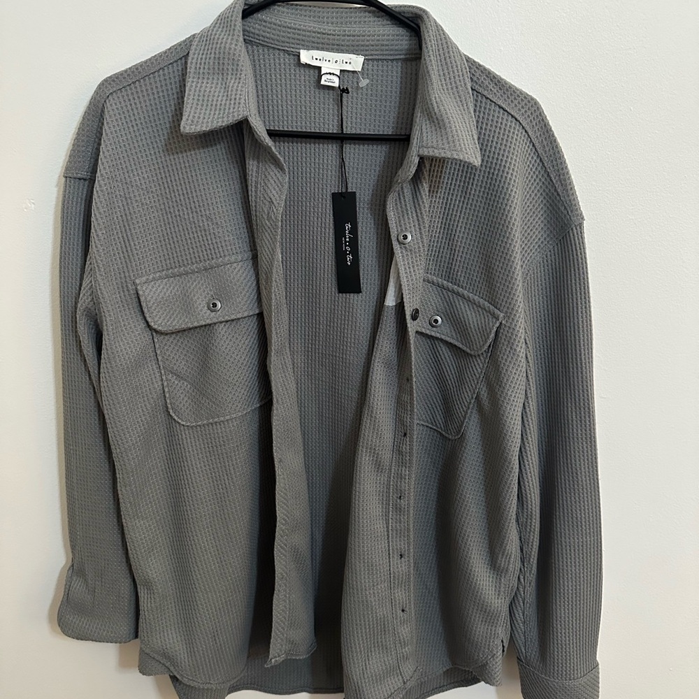 Waffle-Knit Button-Front Shirt Jacket — Grey